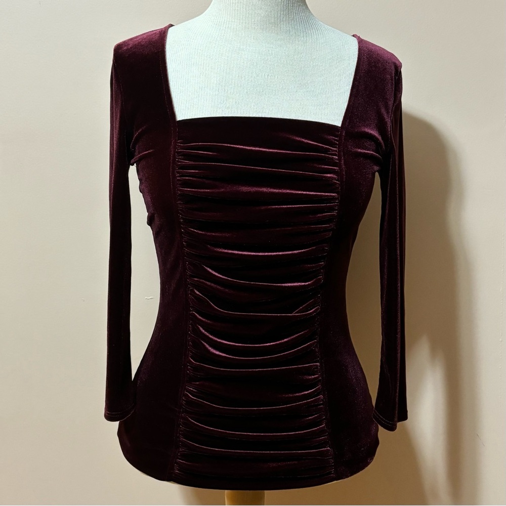 Maroon velour ruched panel top | Boston Proper | Size S